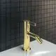 Goldene Bidetarmatur von Ideal Standard mit einem abgehenden Auslauf. Die Armatur ist an einem weißen Waschbecken montiert und vor einer schwarzen gefliesten Wand positioniert.